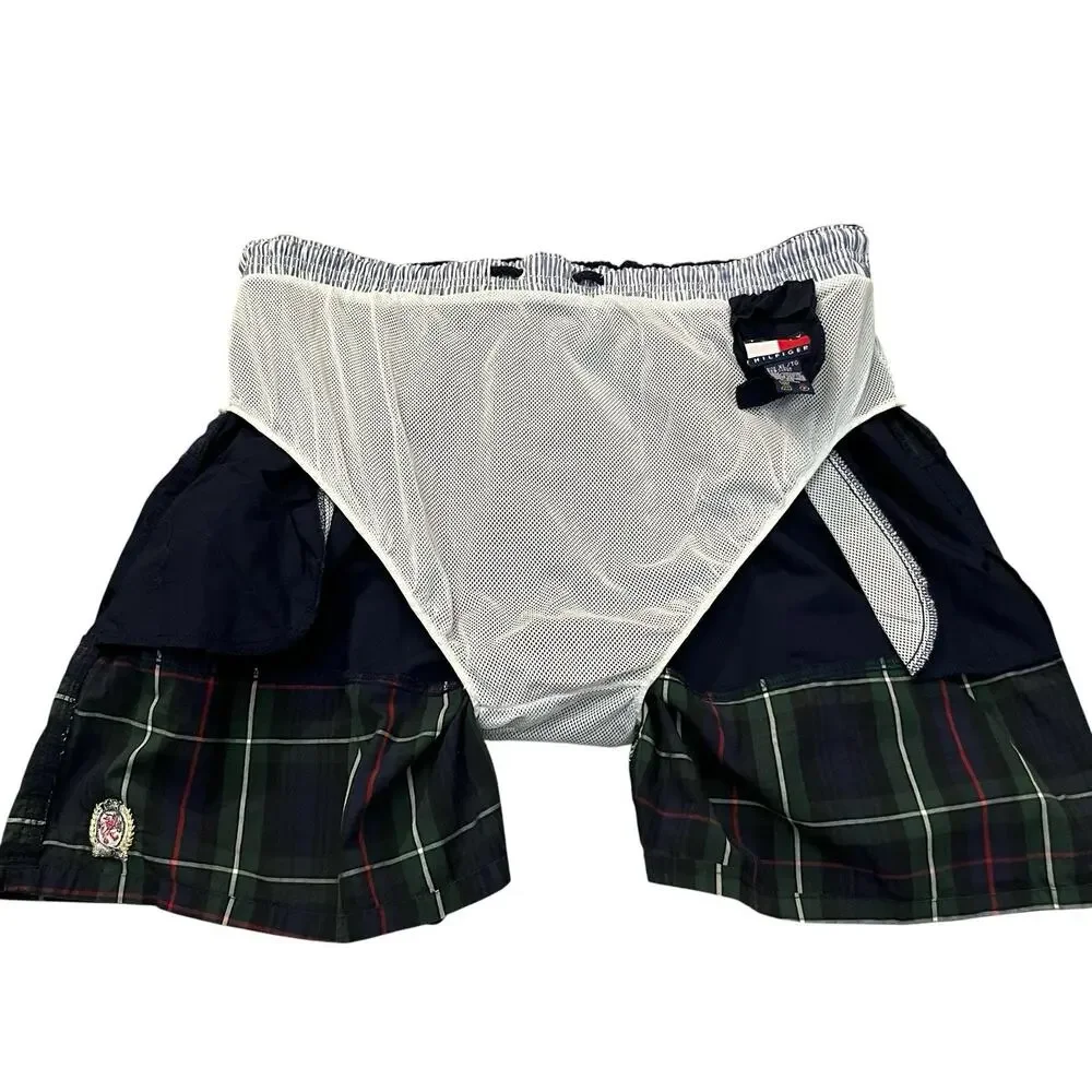 90s Vintage Tommy Hilfiger Mens Swim Trunks XL Plaid Navy Multi Preppy Old Money